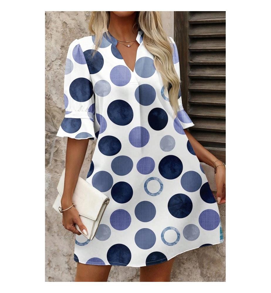 Robe courte décontractée à pois bleus et manches mi-longues à volants, style vacances