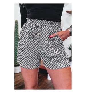 Short à poches et taille élastique à cordon de serrage, imprimé damier gris
