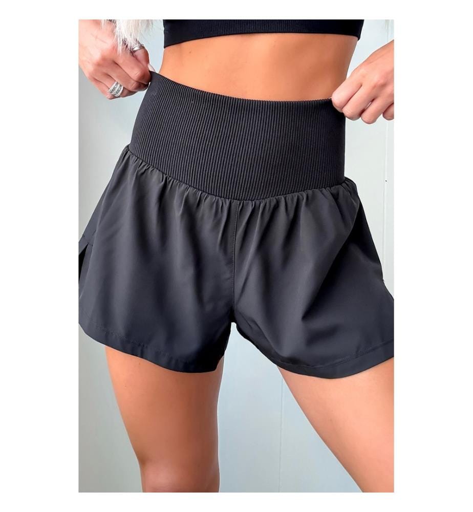 Sportshorts mit hoher Taille schwarz uni gerippt und Patchwork