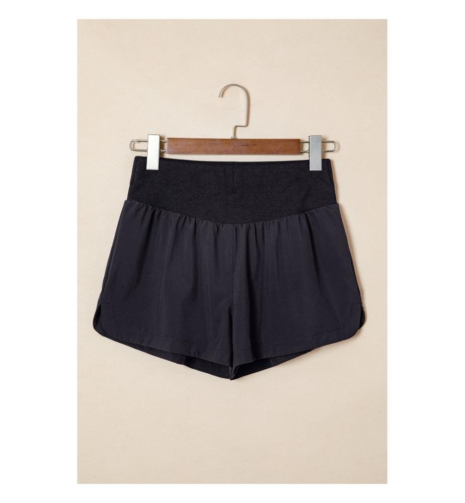 Sportshorts mit hoher Taille schwarz uni gerippt und Patchwork