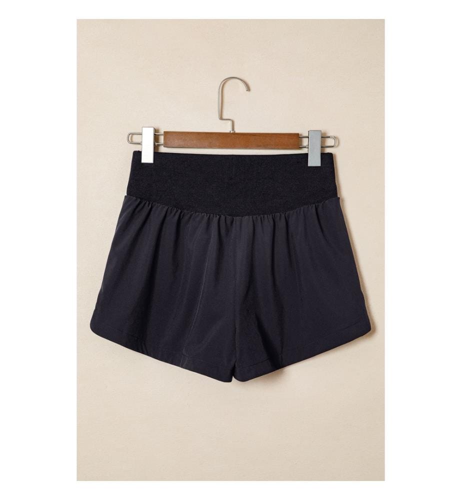Sportshorts mit hoher Taille schwarz uni gerippt und Patchwork