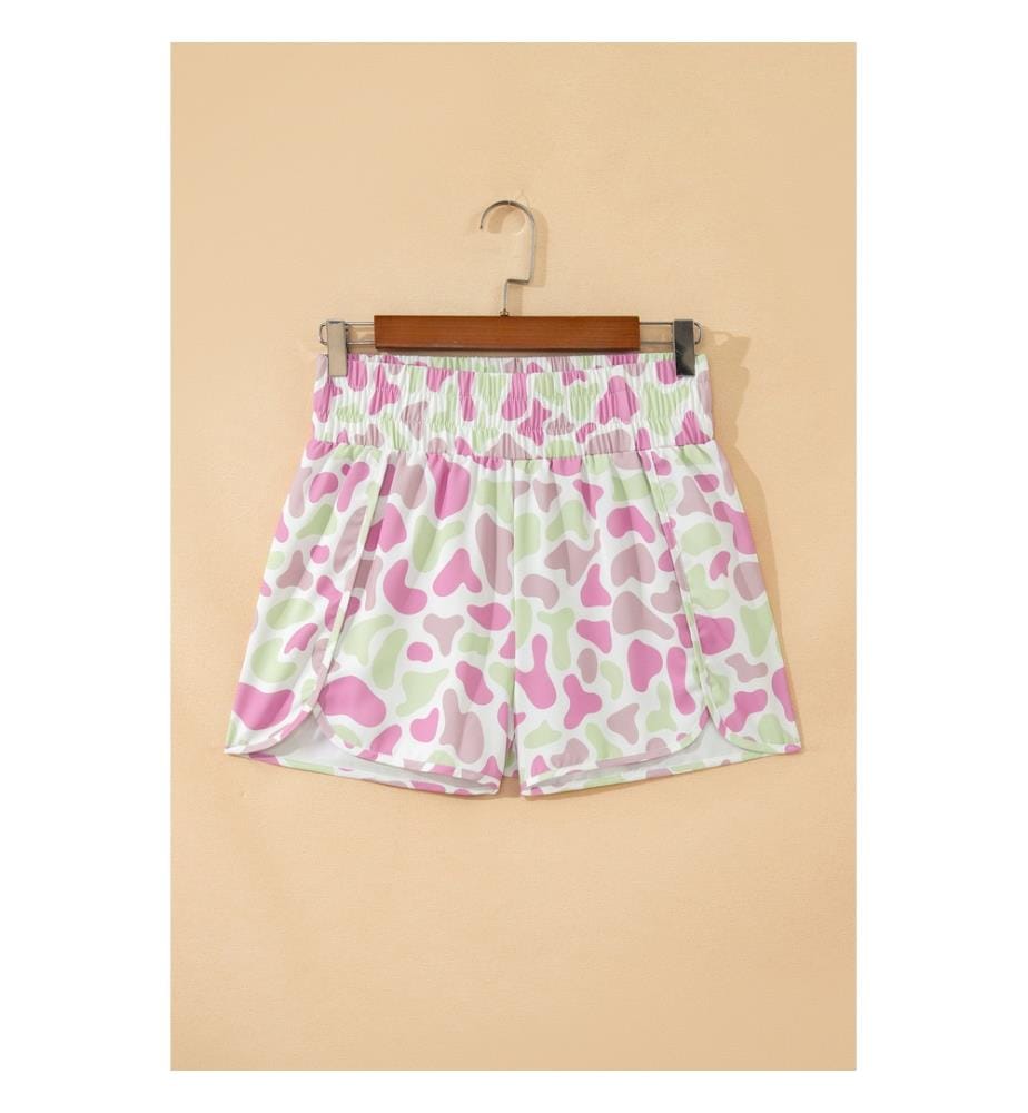 Short de sport taille haute froncé à imprimé camouflage vert
