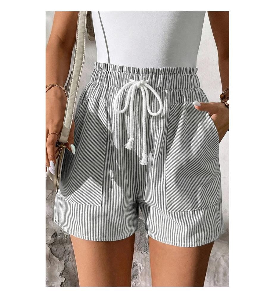 Short décontracté à rayures grises, taille élastique lacée et poches