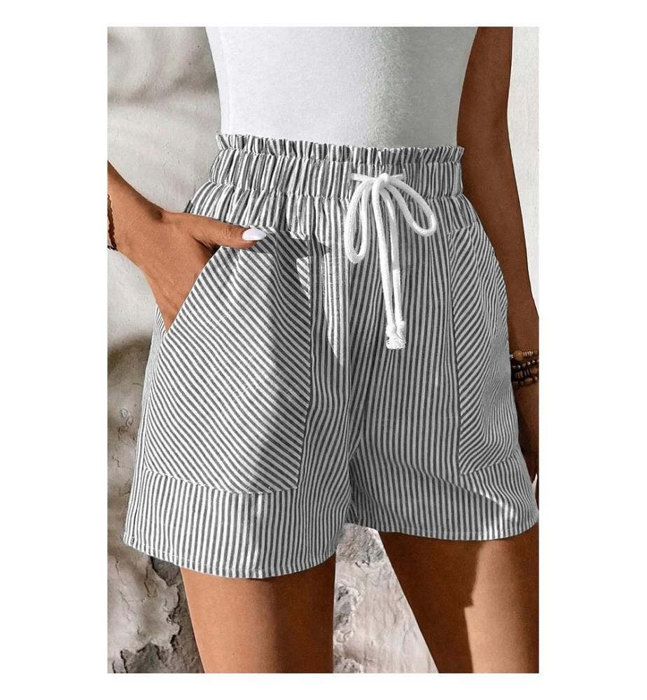 Short décontracté à rayures grises, taille élastique lacée et poches