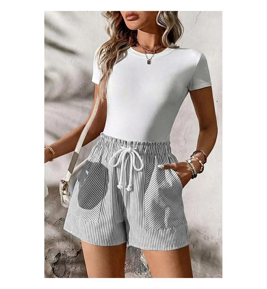 Short décontracté à rayures grises, taille élastique lacée et poches