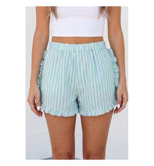 Short décontracté à rayures bleu ciel, taille élastique et volants