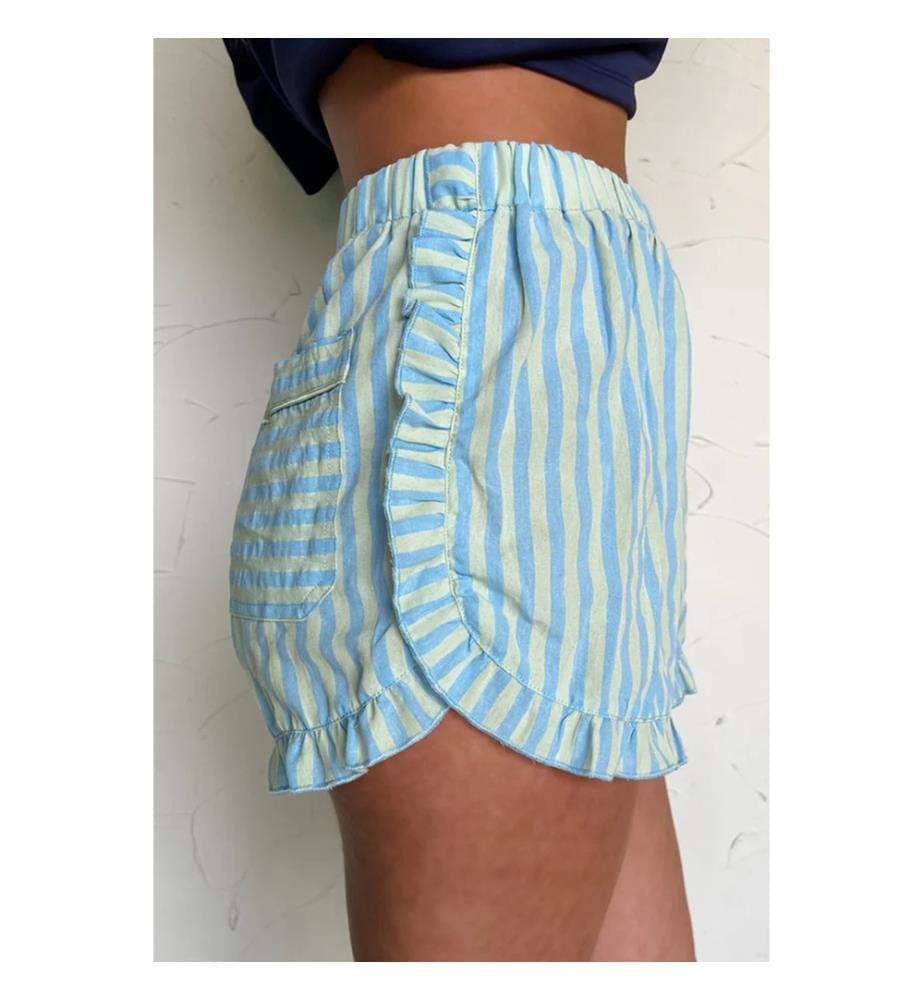 Short décontracté à rayures bleu ciel, taille élastique et volants