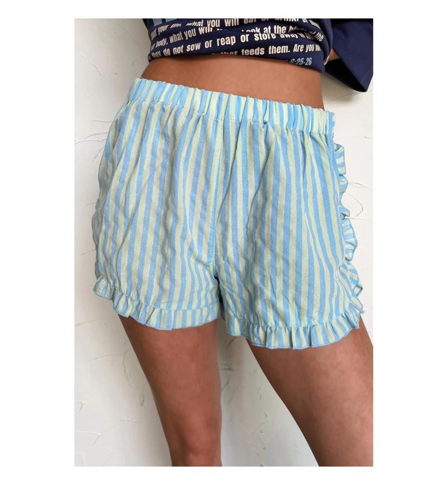 Short décontracté à rayures bleu ciel, taille élastique et volants