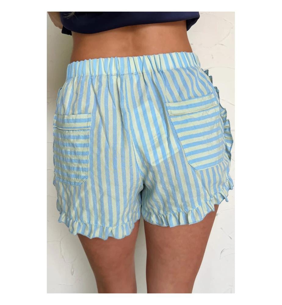 Short décontracté à rayures bleu ciel, taille élastique et volants