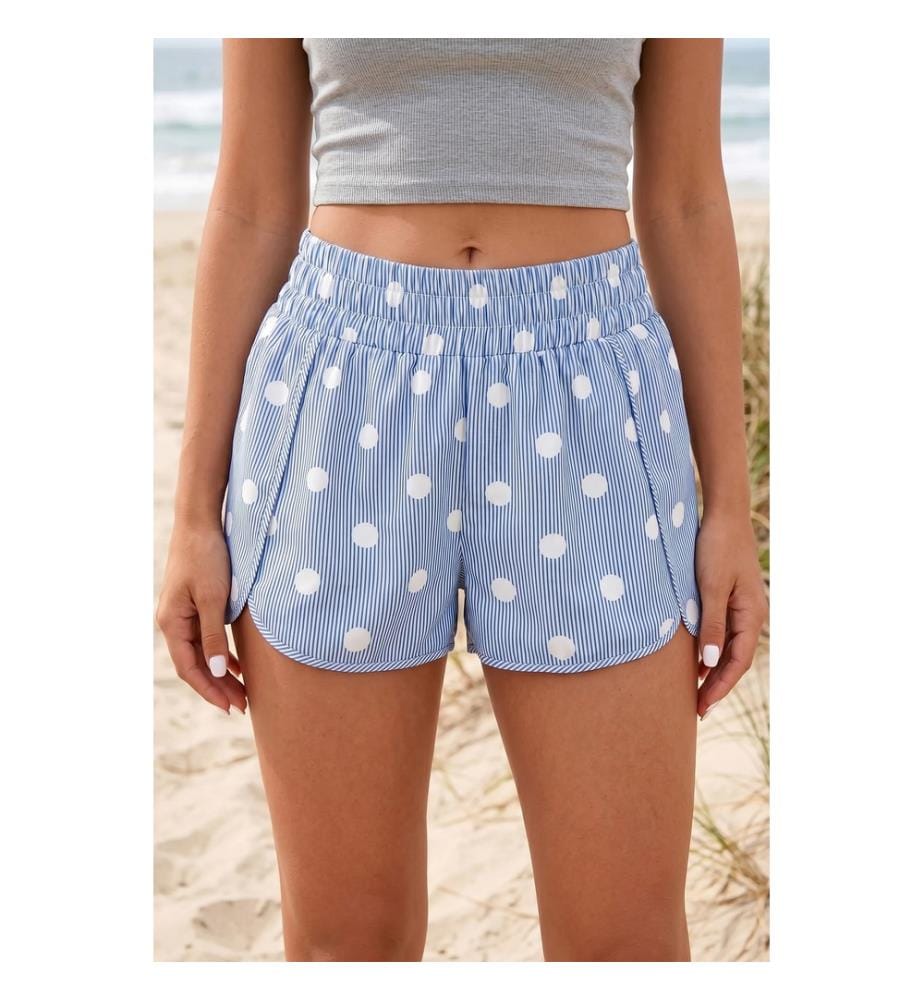 Short décontracté taille haute froncée à pois bleu ciel