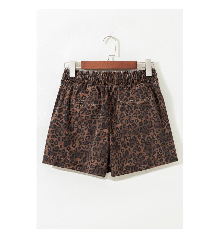 Jupe-short en jean marron à imprimé léopard avec taille élastique et cordon de serrage