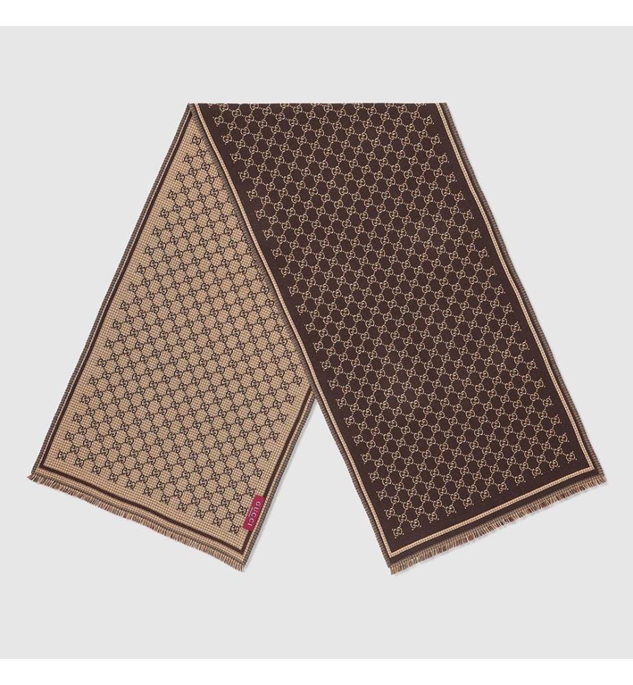 Écharpe en laine jacquard  - Marron foncé et beige