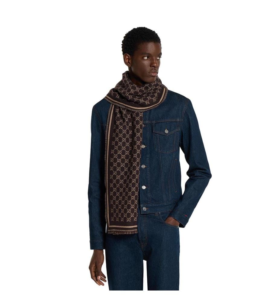 Écharpe en laine jacquard  - Marron foncé et beige