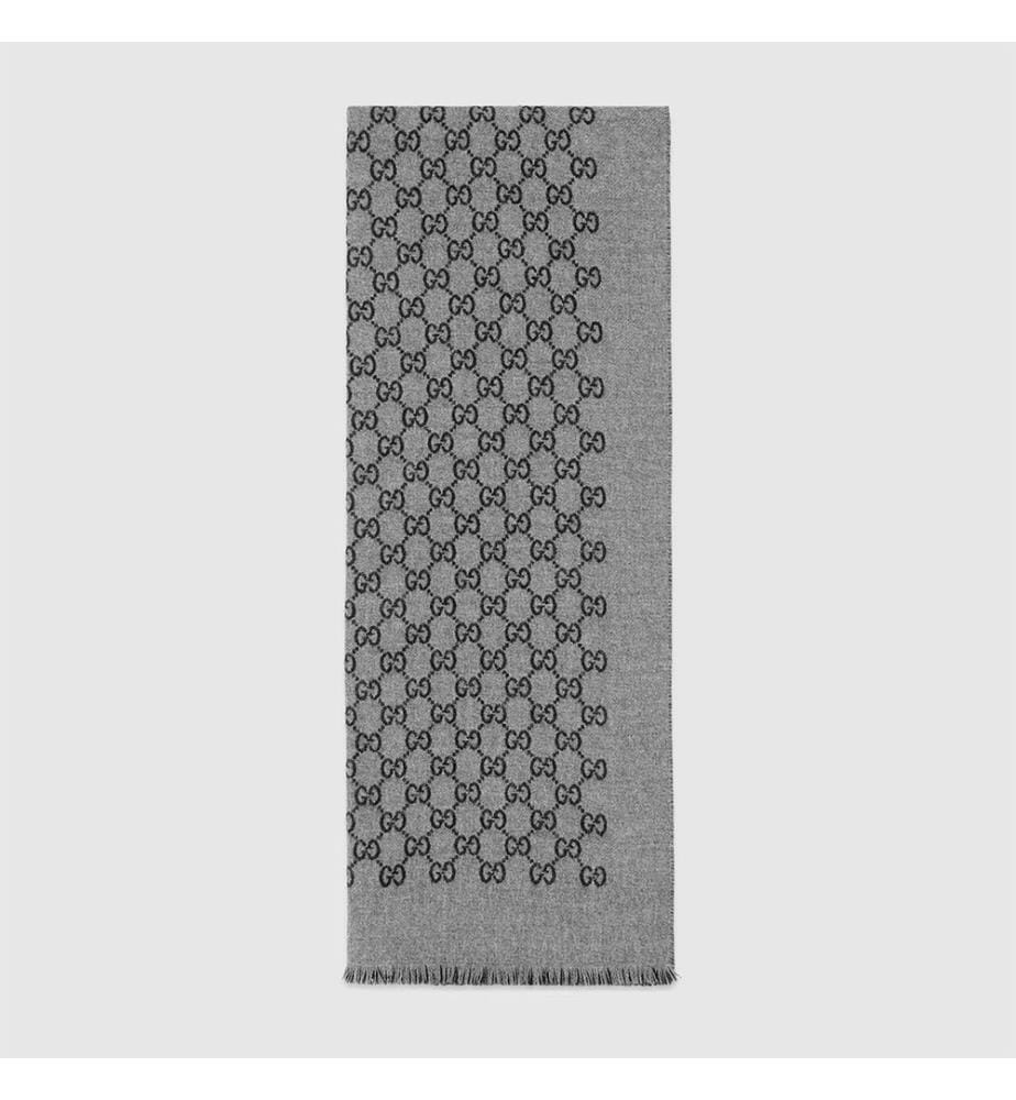 Écharpe en laine jacquard  - Gris foncé et noir