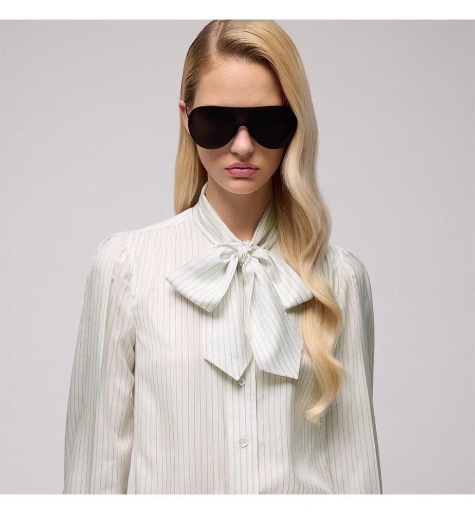 Chemise en soie à rayures avec noeud - Blanc et bleu clair