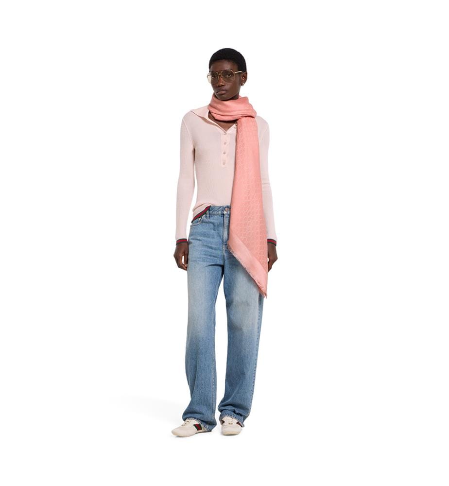Châle en Soie et Laine - Gg - Rose et Blanc