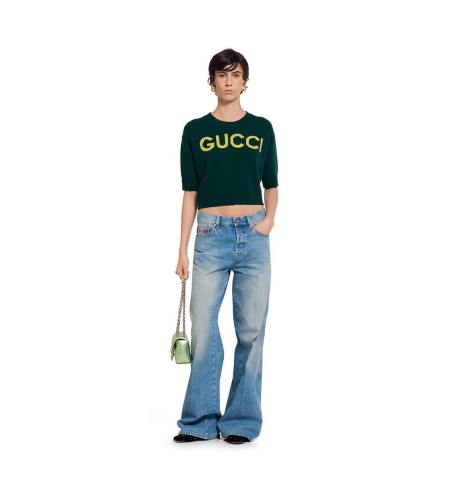 Top en laine douce avec Intarsia - Vert Pin