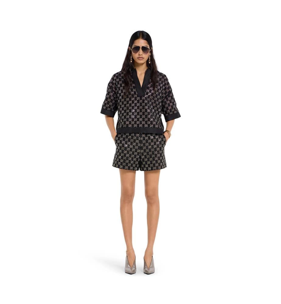 Shorts aus bestickter Wolle und Lamé-Tweed - Schwarz