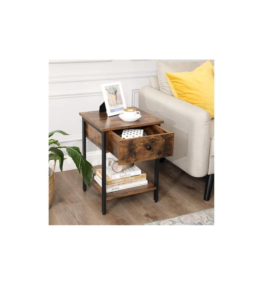 VASAGLE - Beistelltisch mit Schublade 40 x 55 cm, Braun/Schwarz