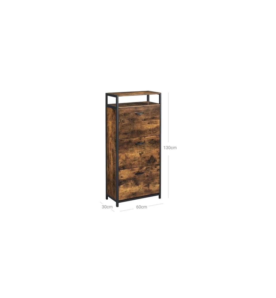 VASAGLE - Armoire à chaussures avec 3 volets 60 x 130 cm, Brun/Noir