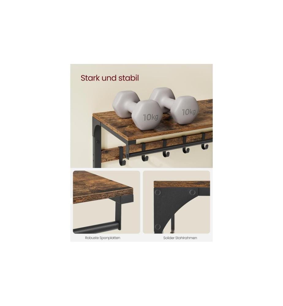 VASAGLE - Wandgarderobe mit Ablage 65 x 42 cm, Braun/Schwarz