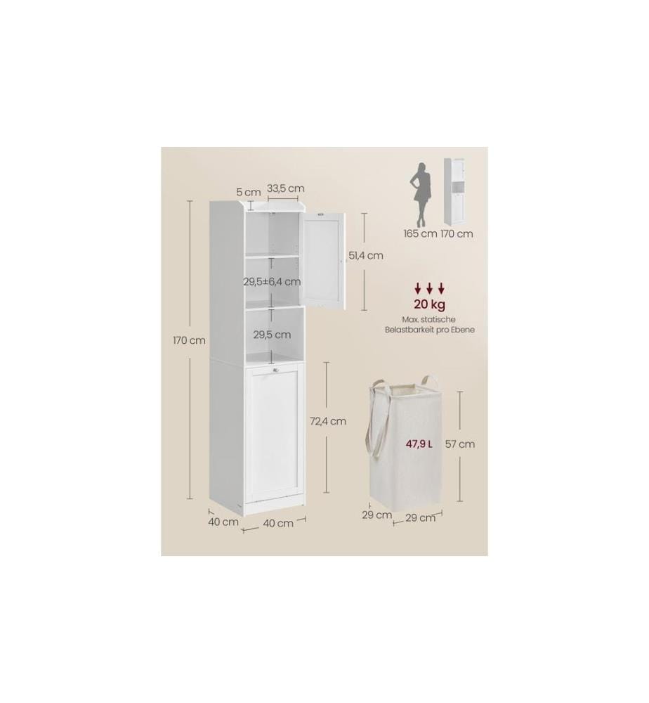 VASAGLE - Badezimmerregal 40 x 170 cm, Weiss
