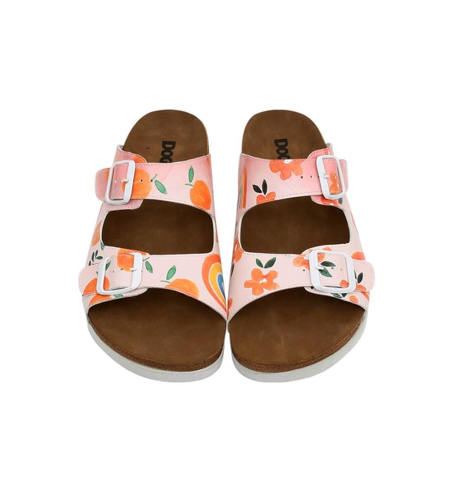 Chaussons en cuir végétalien rose - motifs de fleurs et de fruits
