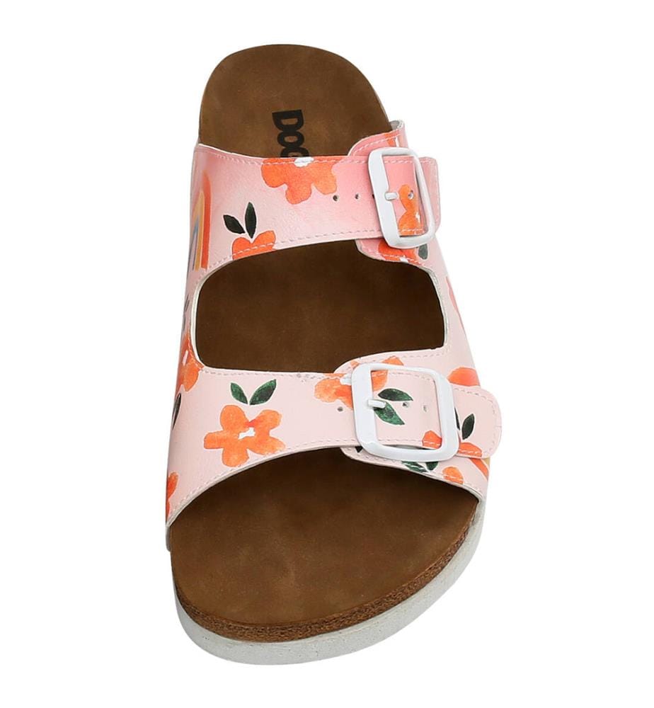 Chaussons en cuir végétalien rose - motifs de fleurs et de fruits