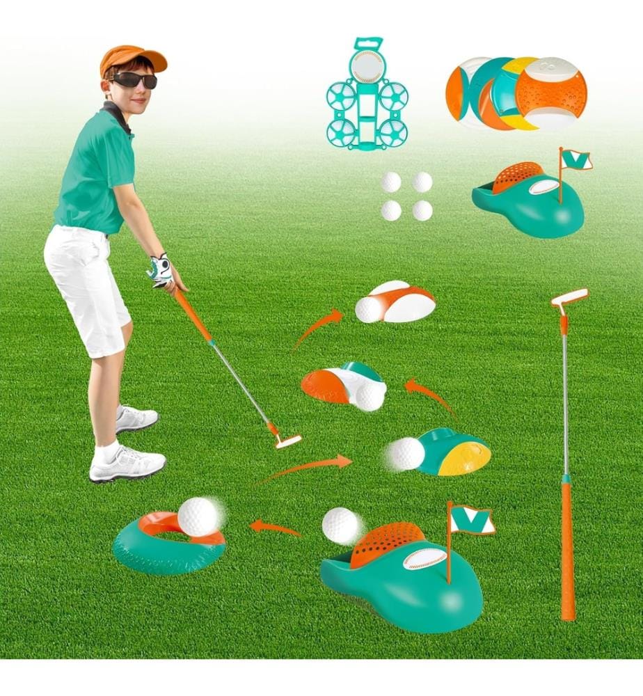 Minigolf aus FSC-zertifiziertem Holz und Biokunststoff: 2 Schläger + 2 Bälle + 3 verschiedene Bahnarten und ein Loch – inklusive Aufbewahrungstasche 