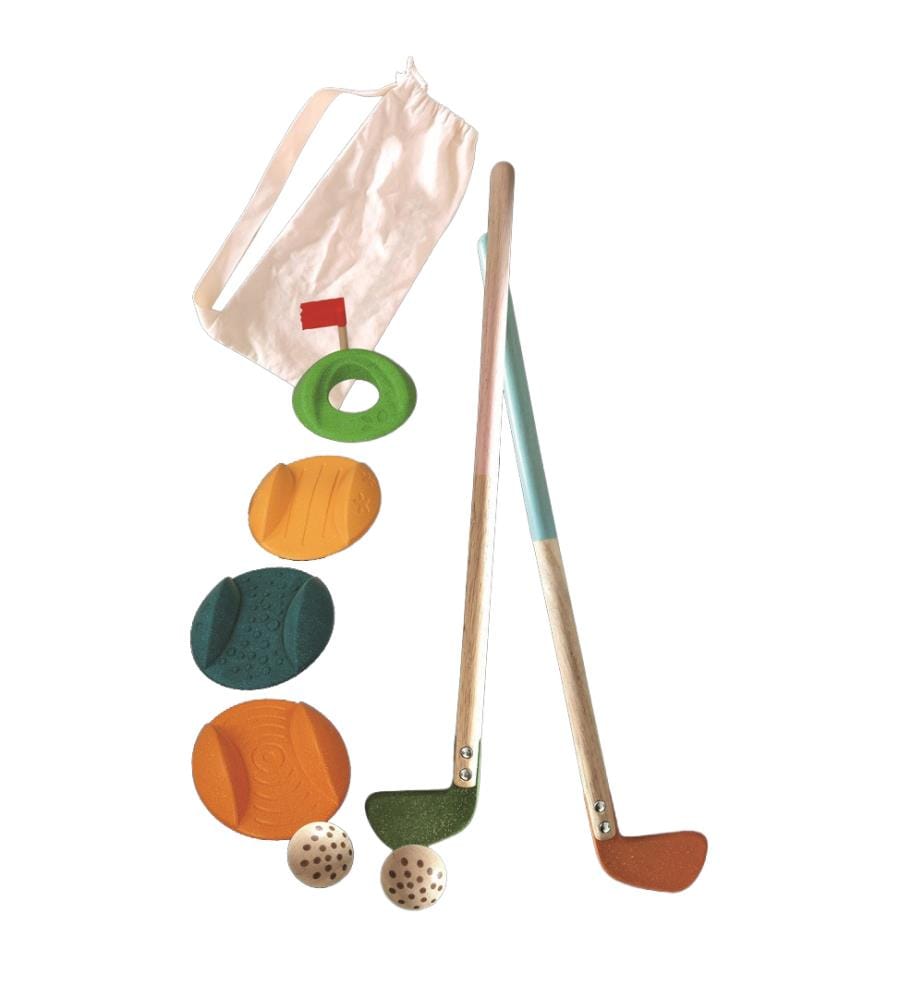 Minigolf aus FSC-zertifiziertem Holz und Biokunststoff: 2 Schläger + 2 Bälle + 3 verschiedene Bahnarten und ein Loch – inklusive Aufbewahrungstasche 