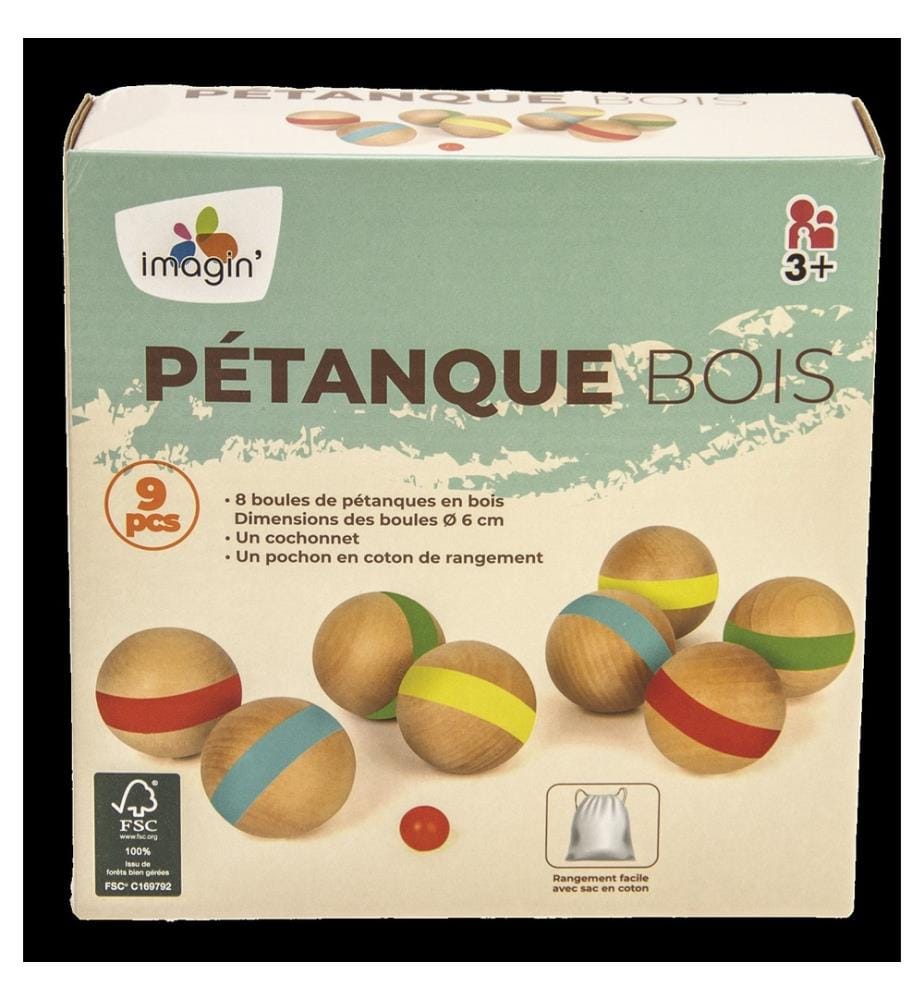 Petanque in legno - 8 palle di diametro 6 cm e un cricchetto - con sacchetto di cotone - legno FSC