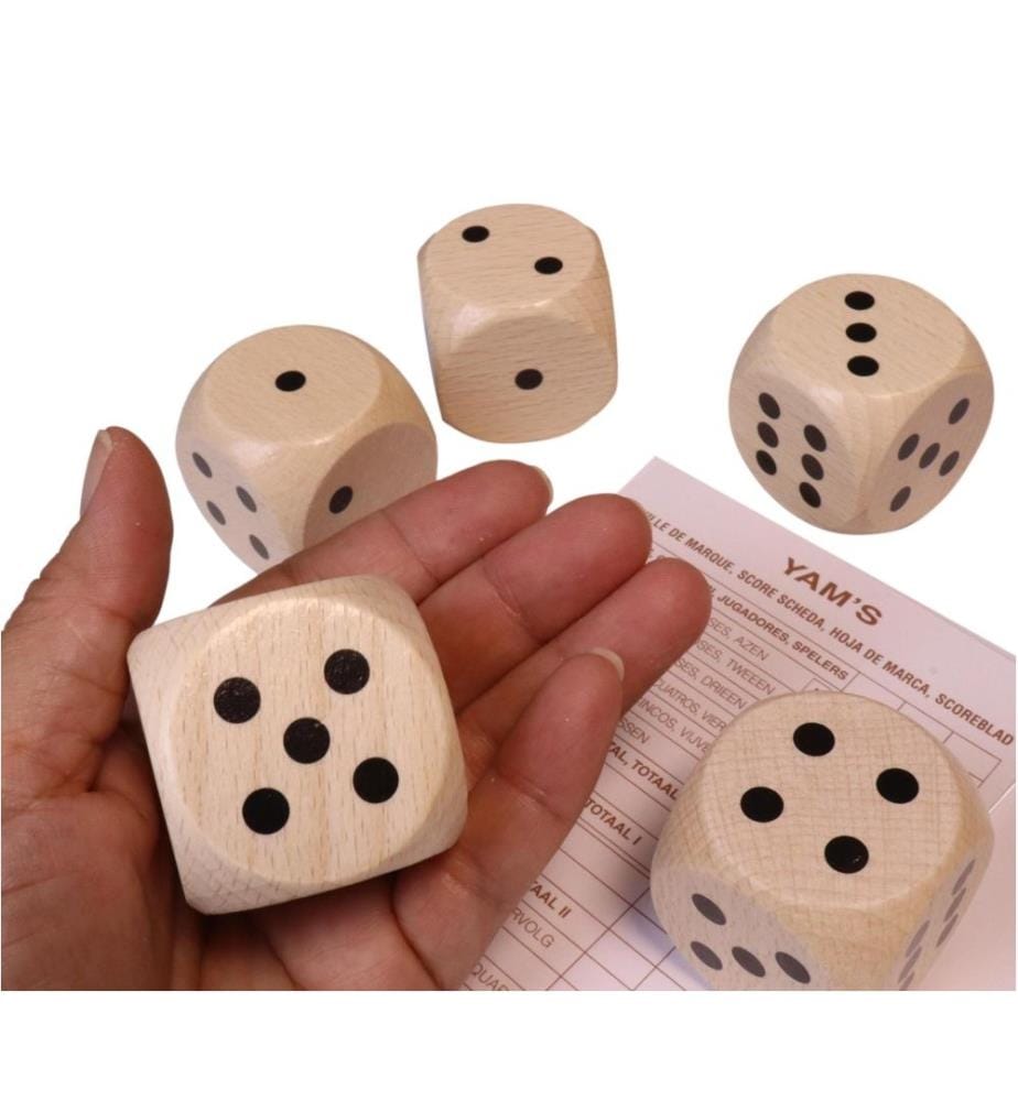 Dés géants en bois 5,5cm + feuilles de scores et sac de rangement en coton - Bois FSC