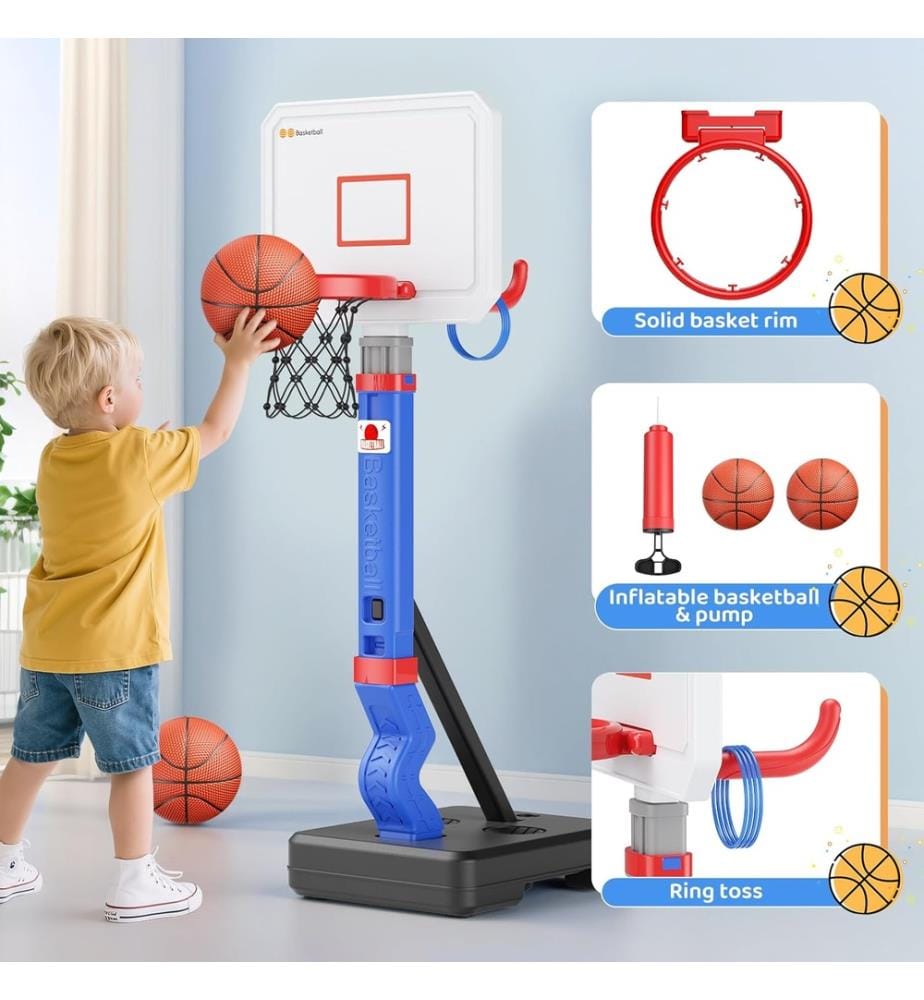 Basketballkorb auf Standfuss Ø21xh126cm mit Ball Ø12cm undPumpe 10cm - Panel 26x36cm