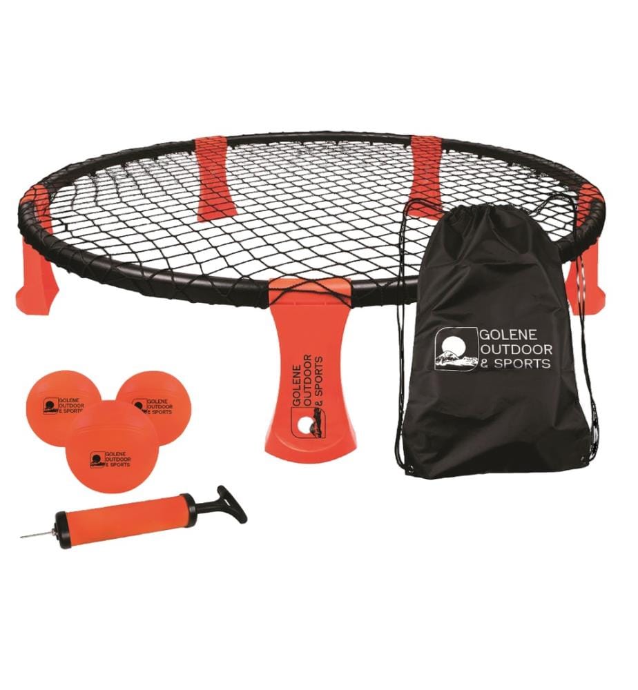 Kit rete tonda con rete D90xh20cm, 3 palloni da gonfiare (2 x dia.9cme 1 da 12 cm), pompa da 15,25 cm, regole del gioco e sacchetto per riporle.