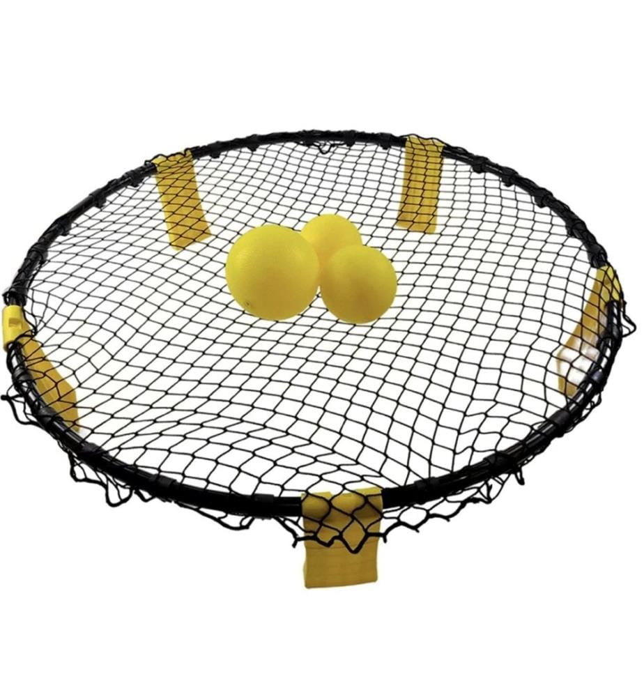 Kit rete tonda con rete D90xh20cm, 3 palloni da gonfiare (2 x dia.9cme 1 da 12 cm), pompa da 15,25 cm, regole del gioco e sacchetto per riporle.