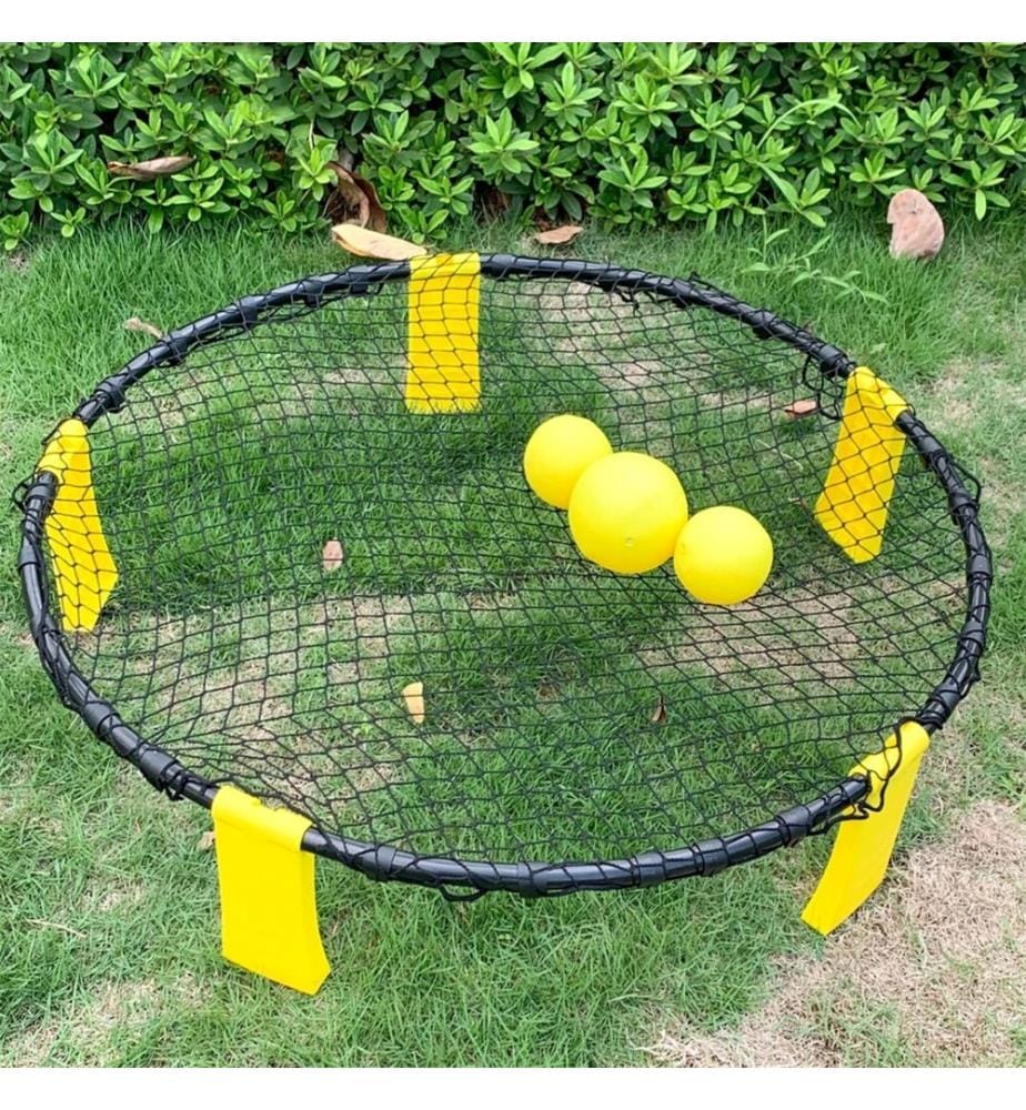 Kit rete tonda con rete D90xh20cm, 3 palloni da gonfiare (2 x dia.9cme 1 da 12 cm), pompa da 15,25 cm, regole del gioco e sacchetto per riporle.