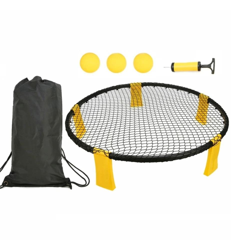 Kit rete tonda con rete D90xh20cm, 3 palloni da gonfiare (2 x dia.9cme 1 da 12 cm), pompa da 15,25 cm, regole del gioco e sacchetto per riporle.