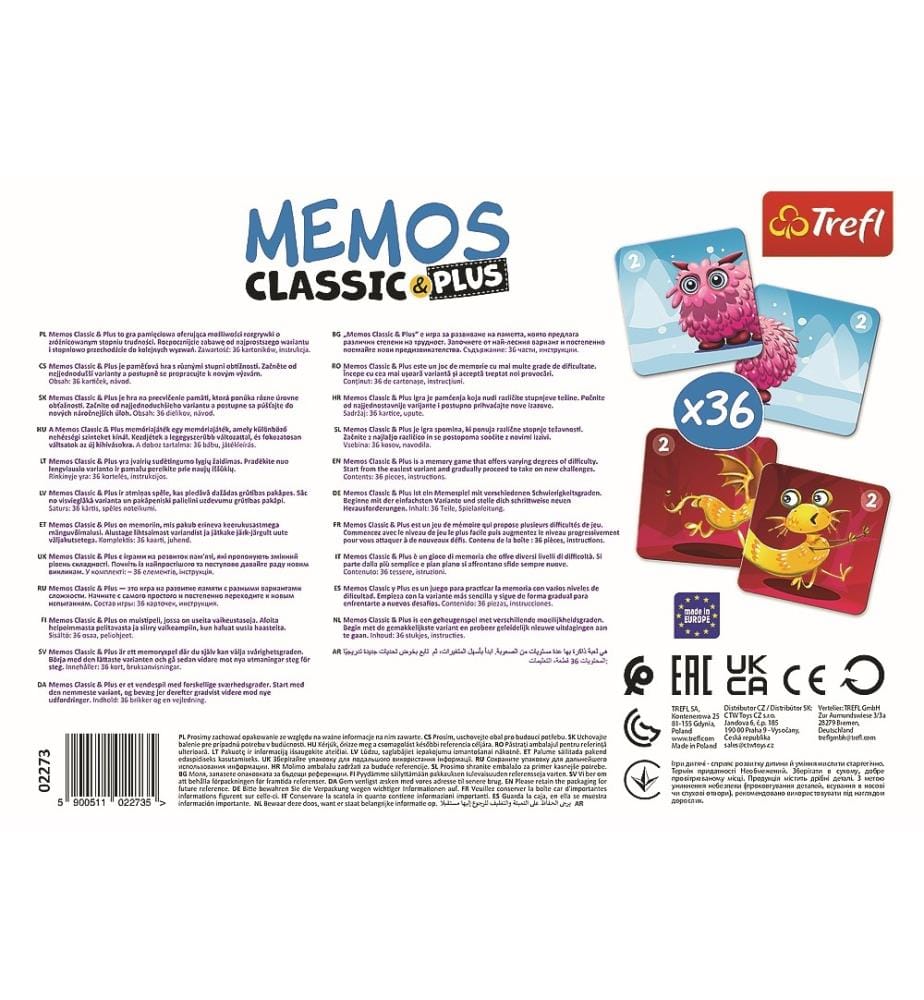 MEMOS KLASSIK & PLUS Niedliche Monster - 36 Karten 6x6cm + Anleitung