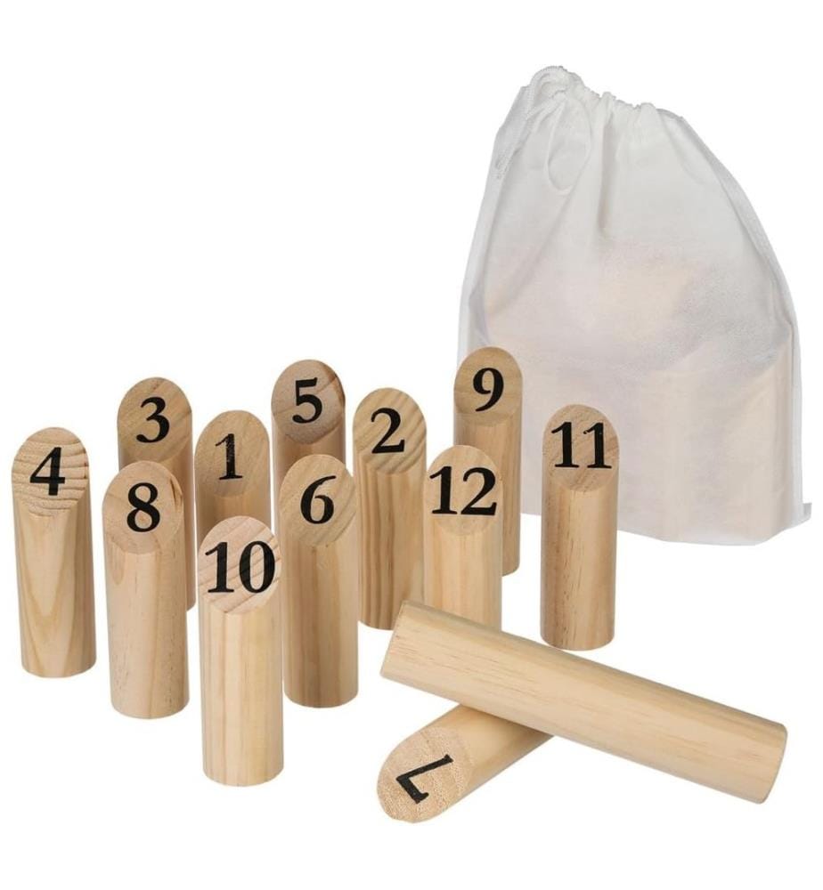 Jeu de quilles finlandaises - quilles 5,2xh15cm, bâton de lancer 5,2xh22,5cm - avec sac de rangement en coton - bois FSC