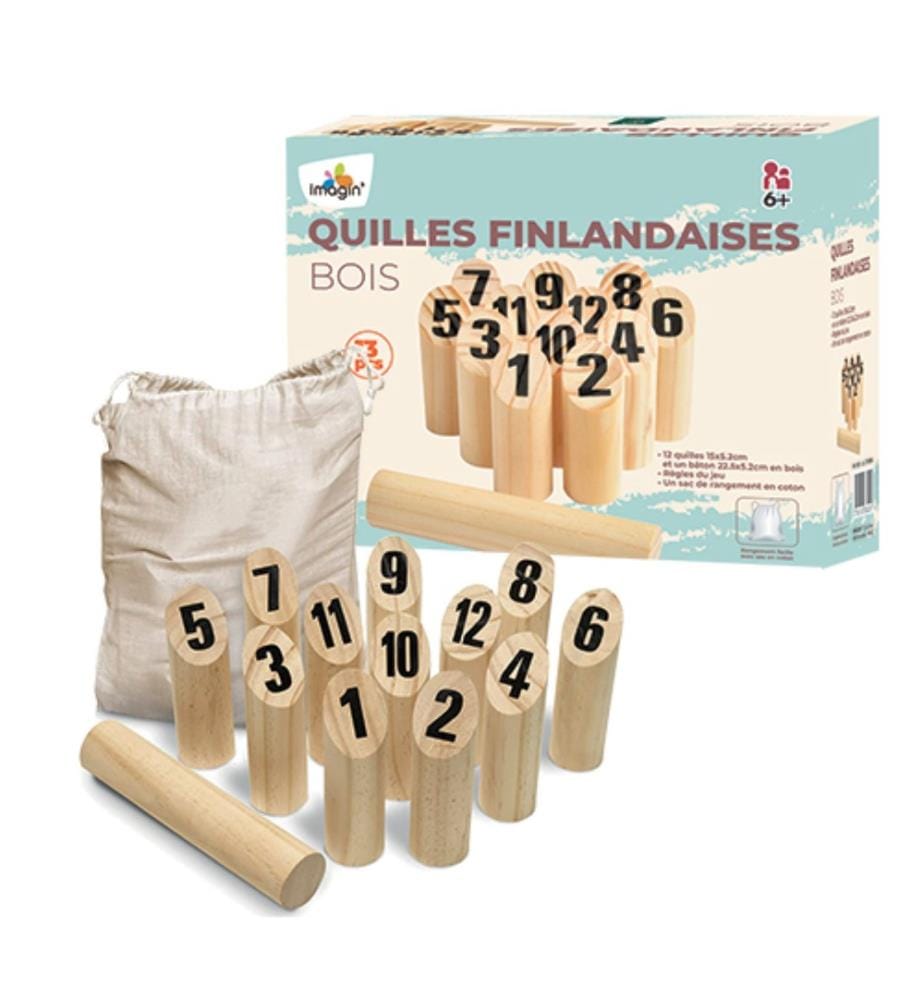 Jeu de quilles finlandaises - quilles 5,2xh15cm, bâton de lancer 5,2xh22,5cm - avec sac de rangement en coton - bois FSC