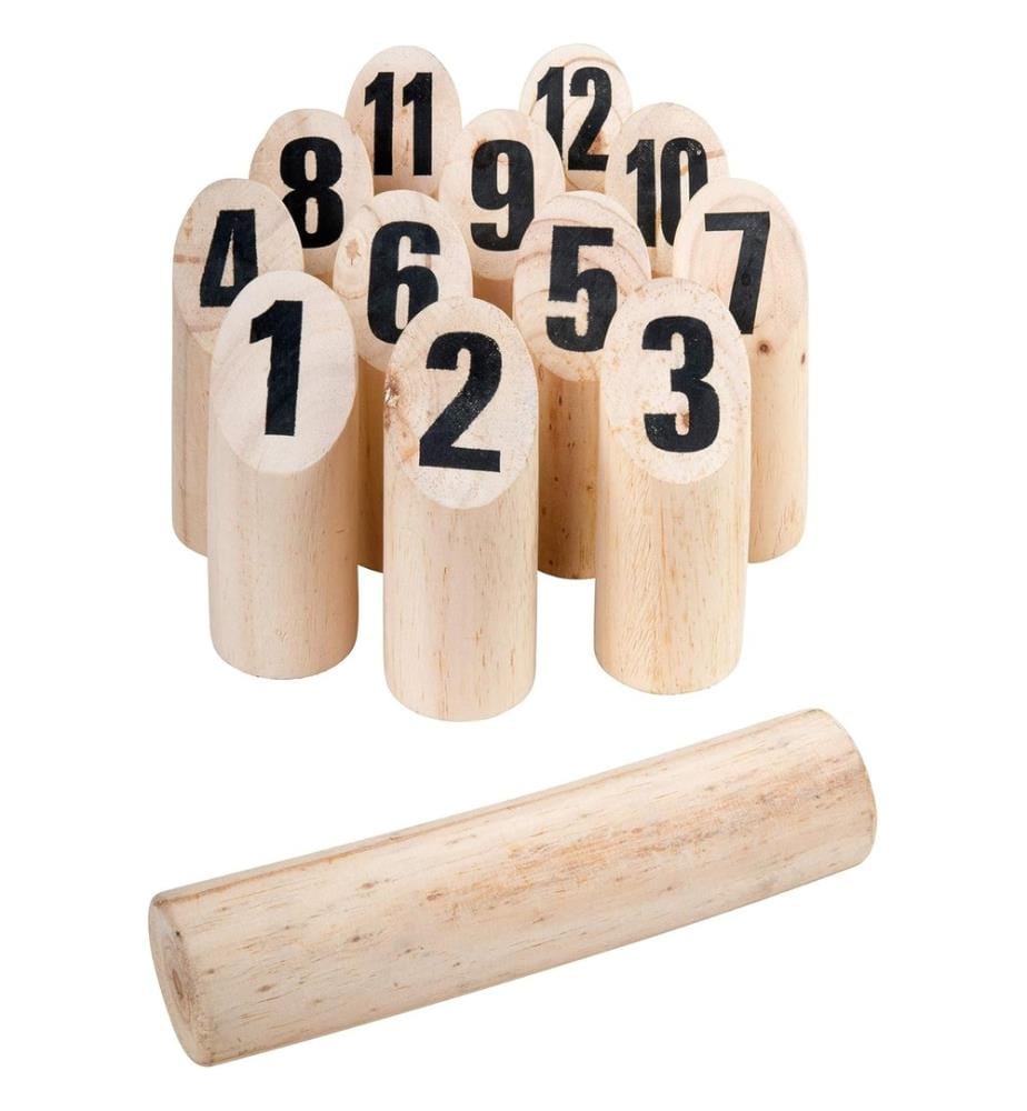 Jeu de quilles finlandaises - quilles 5,2xh15cm, bâton de lancer 5,2xh22,5cm - avec sac de rangement en coton - bois FSC