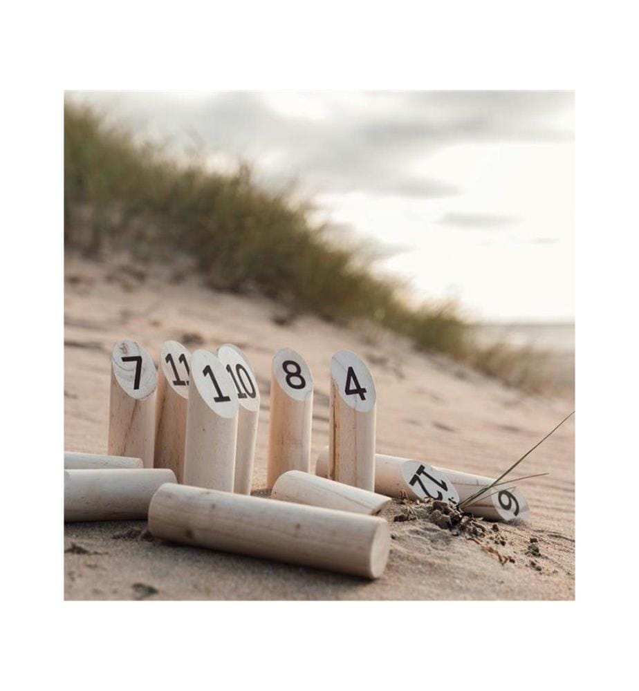 Jeu de quilles finlandaises - quilles 5,2xh15cm, bâton de lancer 5,2xh22,5cm - avec sac de rangement en coton - bois FSC