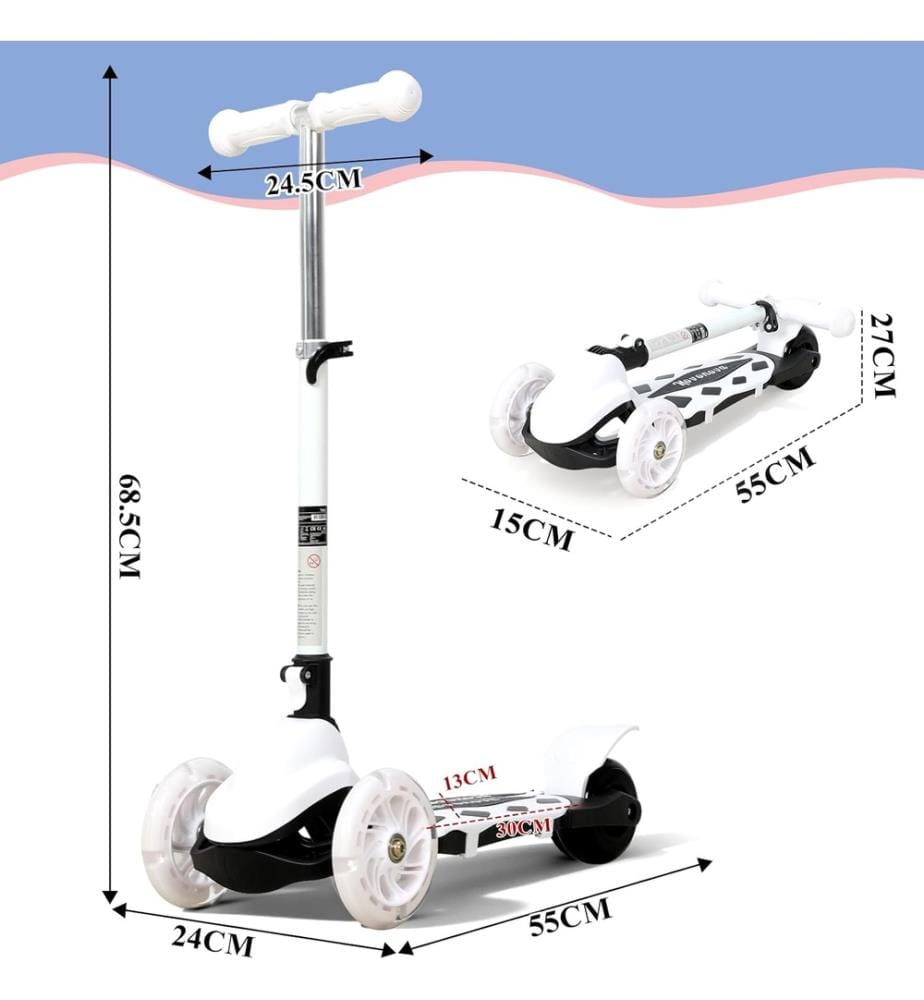 Trottinette Enfant Pliable Classique 3 Roues Antidérapant, Trotinette Guidon Réglable en Hauteur 3 Niveaux(57-72CM), Roue Lumineuse LED,  couleur Blanc  Noir