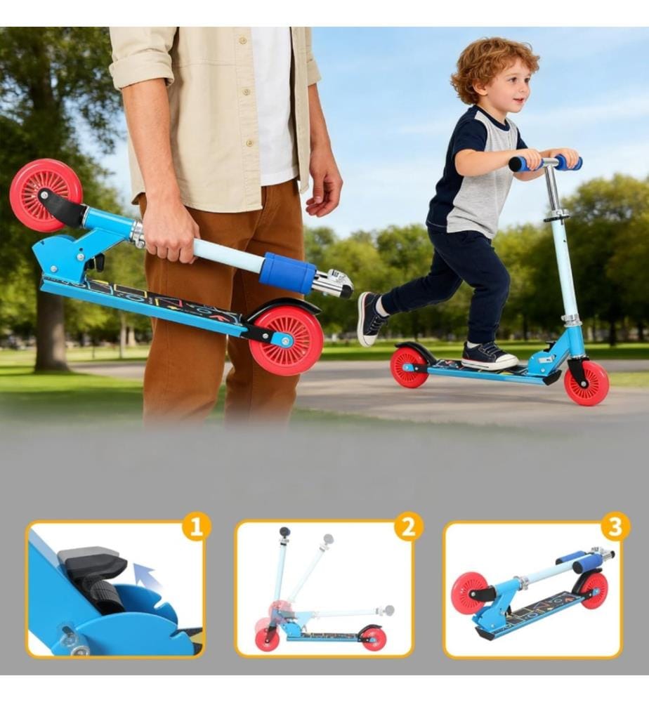 Trottinette Enfant  Pliable,  avec Guidon Réglable en Hauteur 3 Niveaux, Trotinettes Grande Roues et Poignée Antidérapant, 95-130CM, couleur Bleu 