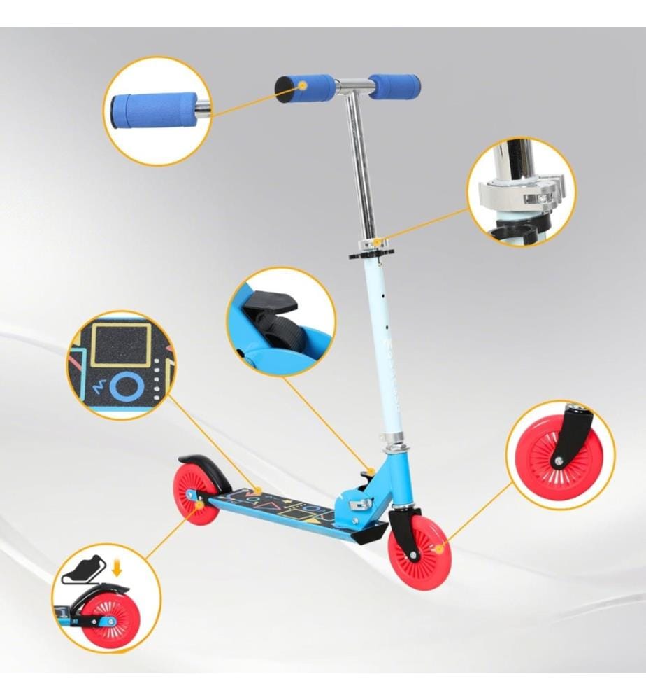 Trottinette Enfant  Pliable,  avec Guidon Réglable en Hauteur 3 Niveaux, Trotinettes Grande Roues et Poignée Antidérapant, 95-130CM, couleur Bleu 