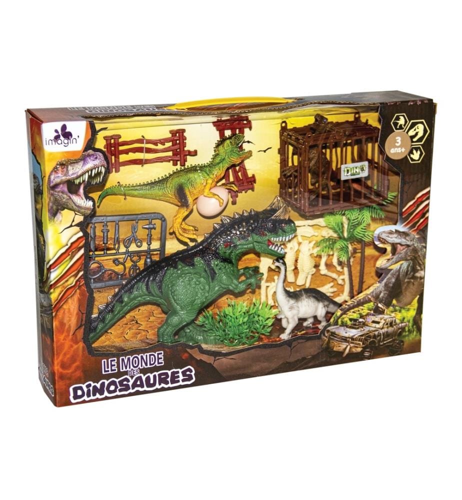 Coffret Dinosaures Avec 4 Dinosaures Et Accessoires (Cage, Barrières, Végétation, Outils Et Squelettes, oeuf De Dinosaure.Boite Vitrine 39X8X26Cm