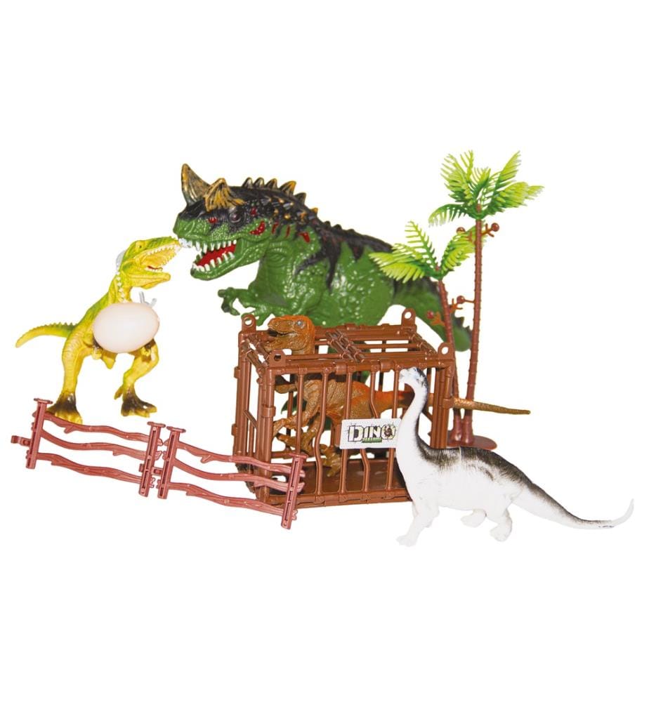 Coffret Dinosaures Avec 4 Dinosaures Et Accessoires (Cage, Barrières, Végétation, Outils Et Squelettes, oeuf De Dinosaure.Boite Vitrine 39X8X26Cm