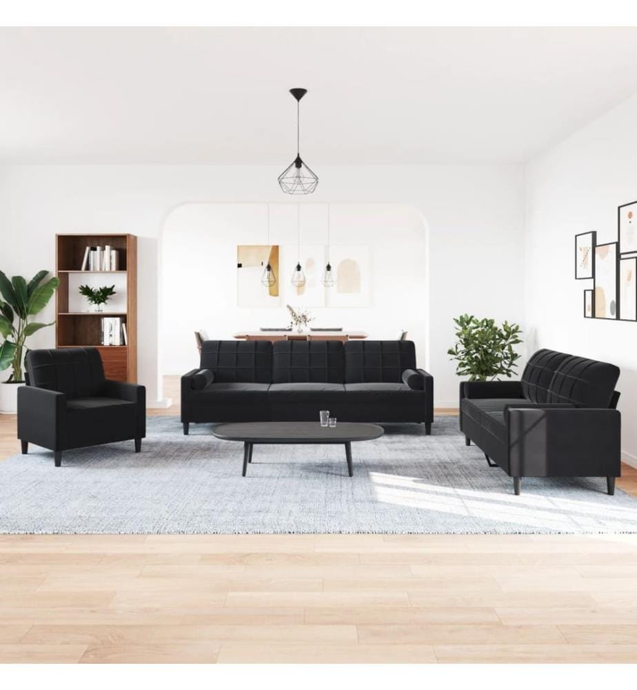 Ensemble de canapés 3pcs et coussins et traversins noir velours