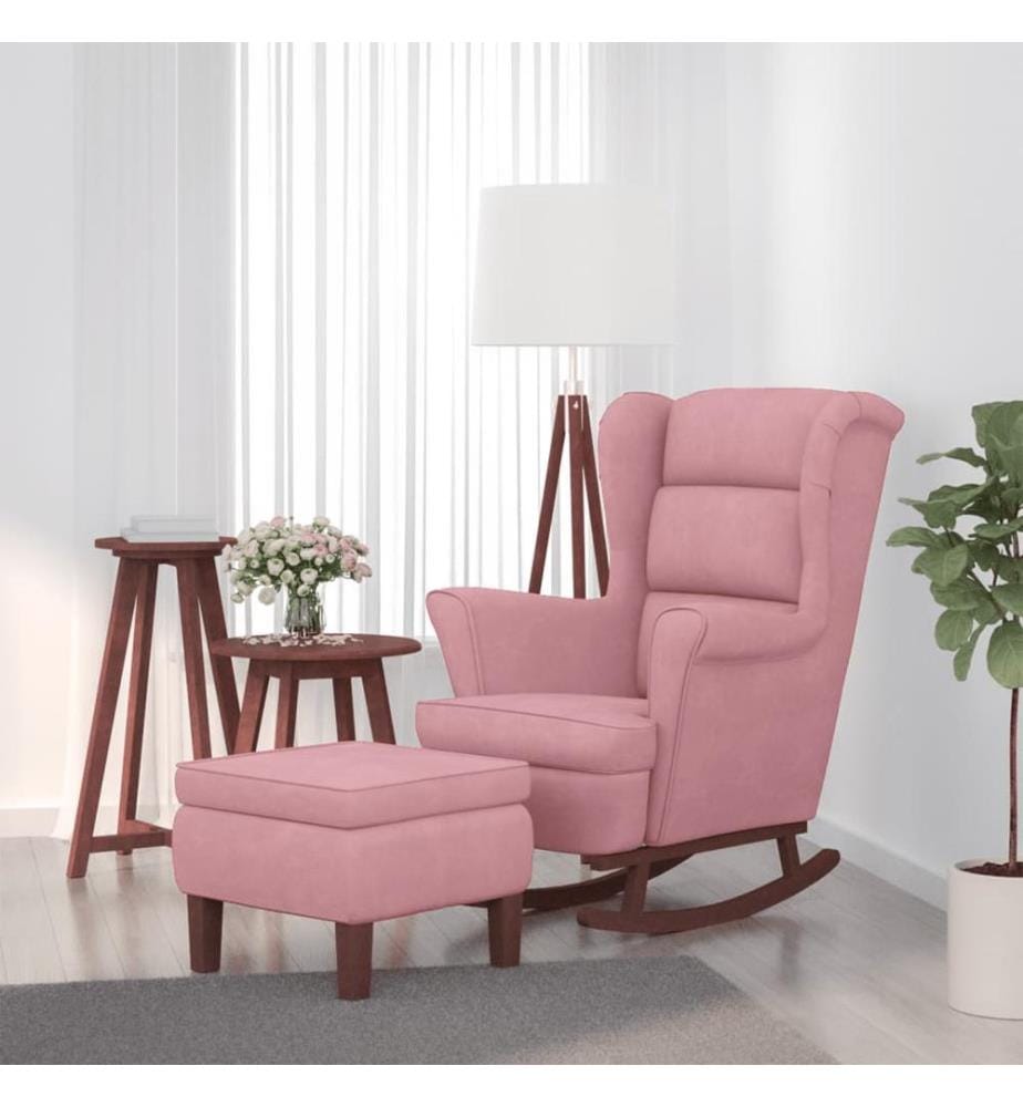 Schaukelsessel und Hocker mit Holzbeinen Rosa Samt