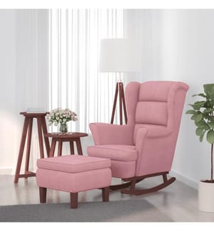Schaukelsessel und Hocker mit Holzbeinen Rosa Samt